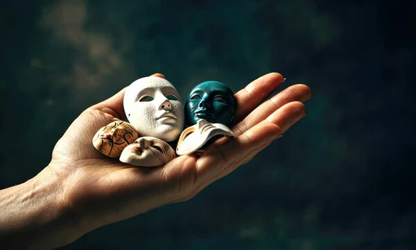 Hand holding masks symbolizing various personalities and emotions