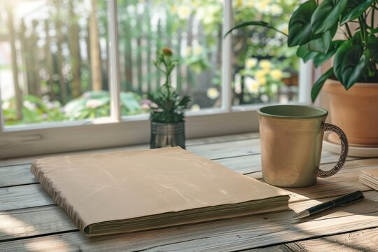 A cozy workspace with a blank notebook, a steaming cup of tea, and a vibrant green plant near a sunlit window in a tranquil setting