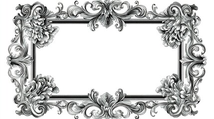 A regal, black-and-white ornate frame with swirling Rococo-inspired flourishes, symmetrical floral details, and decorative filigree. 