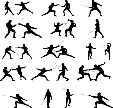 fencers, fencing set, silhouette collection, vector
