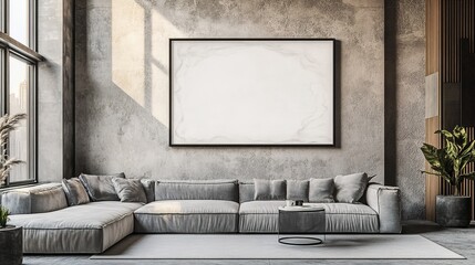 Fototapeta premium A modern minimalist living room with a gray L - shaped sofa, multiple gray throw pillows, a blank picture frame on the concrete wall, a floor lamp, decorative pampas grass