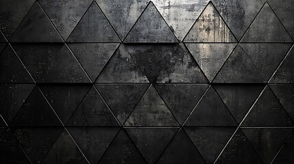 Geometric pattern of interconnected triangles weathered and textured dark metal surface.
