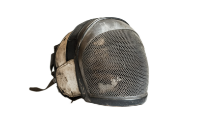 Worn and Weathered Fencing Mask on a White Background, Close-Up View, Symbol of Sport and Commitment