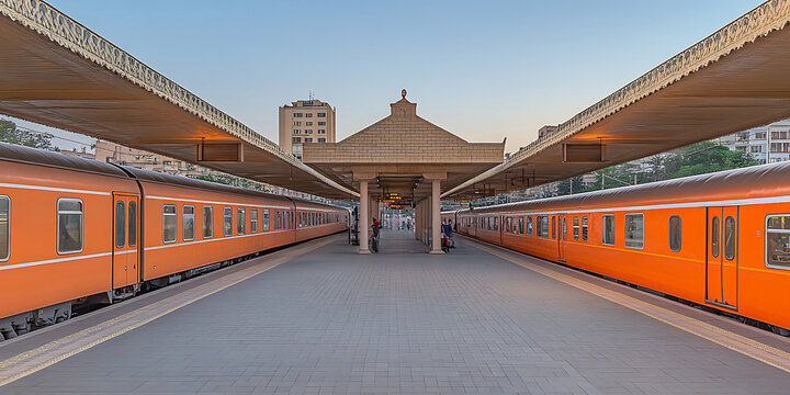 Orange trains sit on parallel tracks at a station platform beneath a covered roof with city buildings visible in the background.
