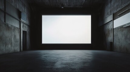 An industrial - style indoor space with a large white screen in the center, concrete walls and floor, ceiling with lighting fixtures and pipes, dim lighting, moody atmosphere