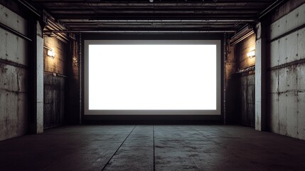 An industrial - style indoor space with a large white screen in the center, concrete walls and floor, ceiling with lighting fixtures and pipes, dim lighting, moody atmosphere