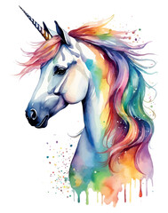 Unicorn head in wreath of flowers. Watercolor vector illustration.