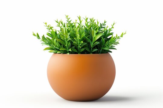 Green indoor plant in a brown terracotta pot on a light background