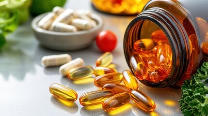 Hair regrowth natural solutions. Pills and supplements in a jar with a green background.