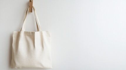 Minimalist canvas bag hanging on a wooden hook against a white background