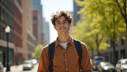 Obraz premium Young smiling student with backpack walks New York City. Man enjoys sunny day in urban environment. Street scene with buildings, trees, cars. City lifestyle, tourism, college education. Happy