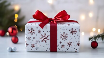 A beautifully wrapped gift box with festive decorations and a red ribbon.