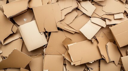 A pile of broken and flattened corrugated cardboard boxes in brown color, high - quality, realistic