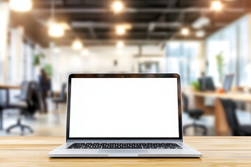 Laptop with Blank Screen on Wooden Desk in Modern Office