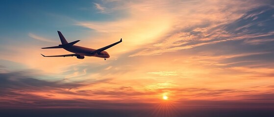 Obraz premium An airplane flying in the sky during sunset, with the sun below in the frame, sky filled with orange and pink clouds