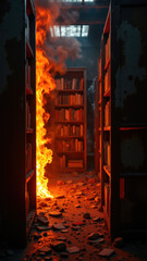 Fototapeta premium Watch Duty - Wildfire burning through a bookcase in an office setting.
