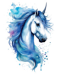 Unicorn head in wreath of flowers. Watercolor vector illustration.