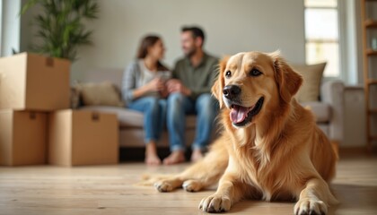 Obraz na płótnie Canvas Family moves to new home with dog. Cardboard boxes, golden retriever. Couple, pet relocation, renovation. Moving day, modern interior, property real estate. Happy couple, relocation delivery service.