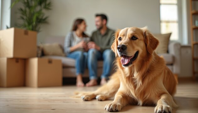 Family moves to new home with dog. Cardboard boxes, golden retriever. Couple, pet relocation, renovation. Moving day, modern interior, property real estate. Happy couple, relocation delivery service.