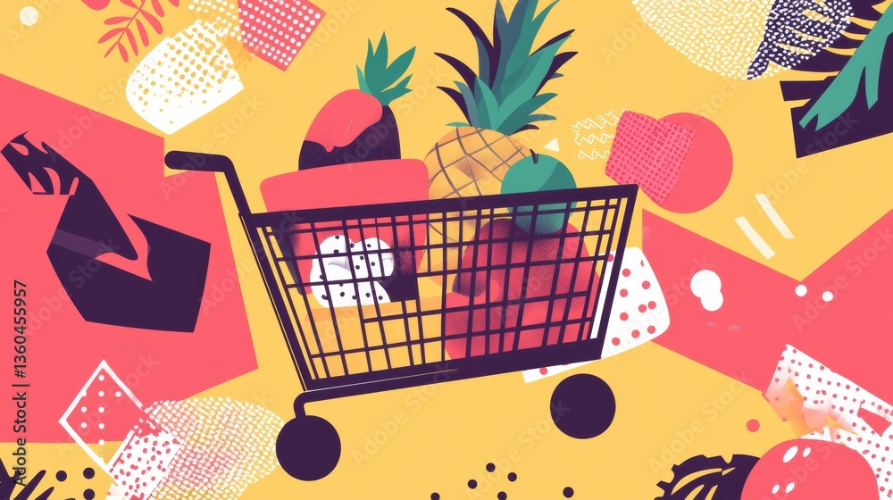 Poster Stylish abstract grocery shopping theme featuring geometric shapes and bold colors in a modern design Generative AI