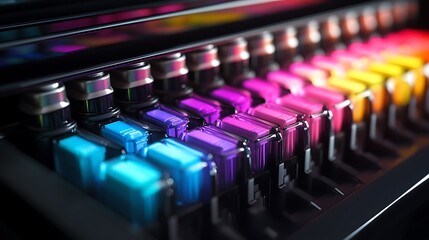 Obraz premium A close-up of vibrant ink cartridges arranged in a row for printing purposes.
