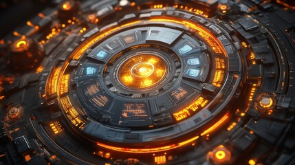Futuristic technology design featuring intricate circular patterns, glowing lights, and advanced digital elements