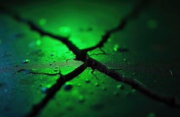 Cracked surface with contrasting green light. Cracks, fractures highlighted with green illumination. Inspection visual test, defect detection tech. Construction, metal testing, non-destructive