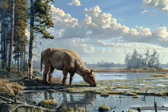 Mesohippus graz near edge of shallow swamp Eocene landscape small compact body covered sleek short coat large eye appear alert background primitive mammal large bird coexist ancient world creating