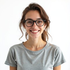 Fototapeta premium Portrait of smiling woman with glasses in grey t-shirt on white background. Happy cheerful young female looks at camera with toothy smile. Business lady.