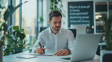 entrepreneur sitting in a modern office, writing long-term business goals on a notepad, with a motivational quote framed in the background 