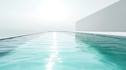 Obraz premium A sleek, modern infinity pool with crystal-clear turquoise water, reflecting soft sunlight. Minimalist design with clean geometric edges.
