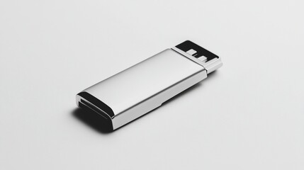 Sleek silver usb drive on pristine white surface, showcasing modern technology