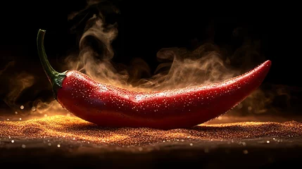 Plexiglas schilderij Hete pepers Steaming Red Chili Pepper, A single red chili pepper with steam rising, set against a warm, smoky background  © NCSF