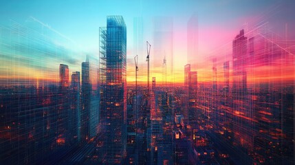 Fototapeta premium Futuristic Cityscape at Sunset: A Vision of Urban Development and Technological Advancement