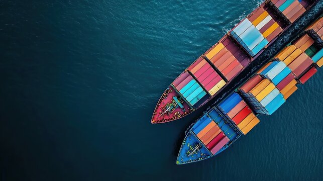 Aerial view of two cargo ships loaded with colorful containers sailing on a deep blue sea, high - contrast, vibrant colors, realistic photography