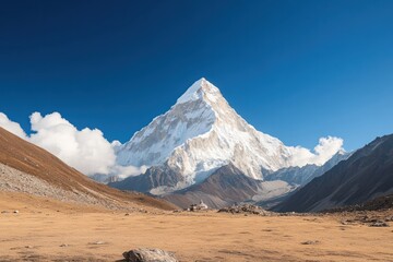 Majestic snow-capped mountain rises above clear blue sky in remote landscape