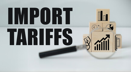 Import tariffs increasing. Arrow going up magnifying glass