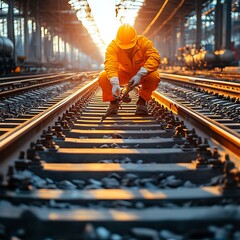Railroad Worker Repairing Tracks.