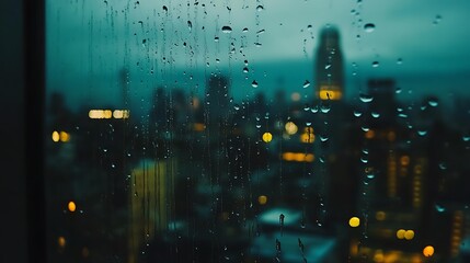 A rainy cityscape view through a window, capturing the blurred lights of the skyline.