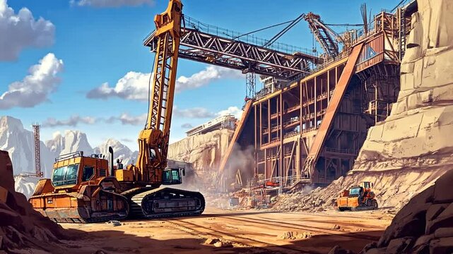 A large mining operation with heavy machinery, structures and a dramatic, cartoonish style.