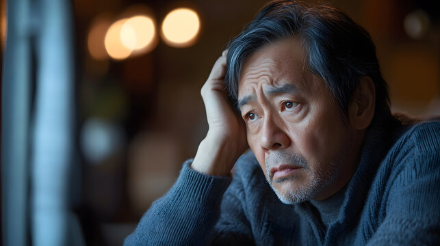 Pensive Middle-Aged Asian Man Looking Out Window