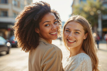 Naklejka premium Portrait of happy Black woman and European woman smiling and looking at camera against blurred city background on sunny day