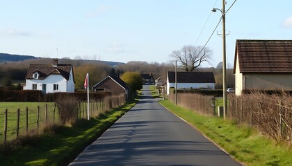 Obraz premium A road leading into a quiet village with houses and trees under a blue sky