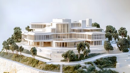 A detailed architectural model is displayed on a website, showing a modern multi-tiered building