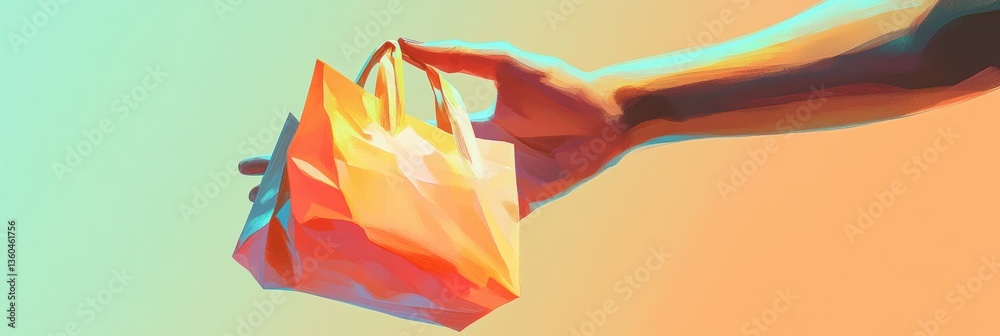 Aufkleber Hand extends a colorful grocery bag offering fresh produce and goods to the viewer in a vibrant and inviting setting Generative AI