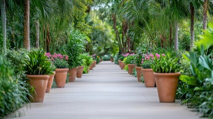 Fototapeta premium Colorful flowers arranged in pots line a garden pathway surrounded by greenery during the early morning