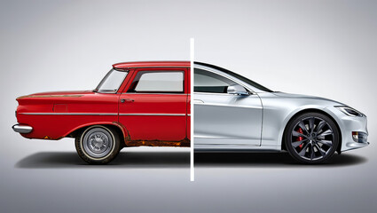 Old car vs. new car. Comparison