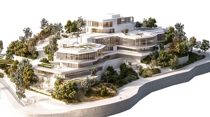 A detailed architectural model is displayed on a website, showing a modern multi-tiered building