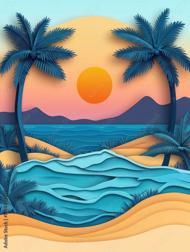 Poster tropical island in layered paper cut style with palm trees, ocean waves and glowing sunset in warm t