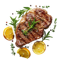 Juicy steak with fresh herbs and citrus slices - gourmet meal concept, isolated on a white transparent background